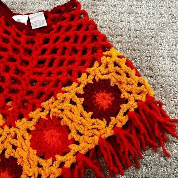 Koala Kids Orange Yellow Crochet Baby Fringed Poncho Festival Hippie 70s Fall - Picture 2 of 7